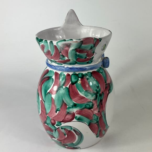 Kitty Cat Pitcher Vintage Hand Painted Italian Glazed Green Red 2105/2 Carafe - Picture 4 of 14